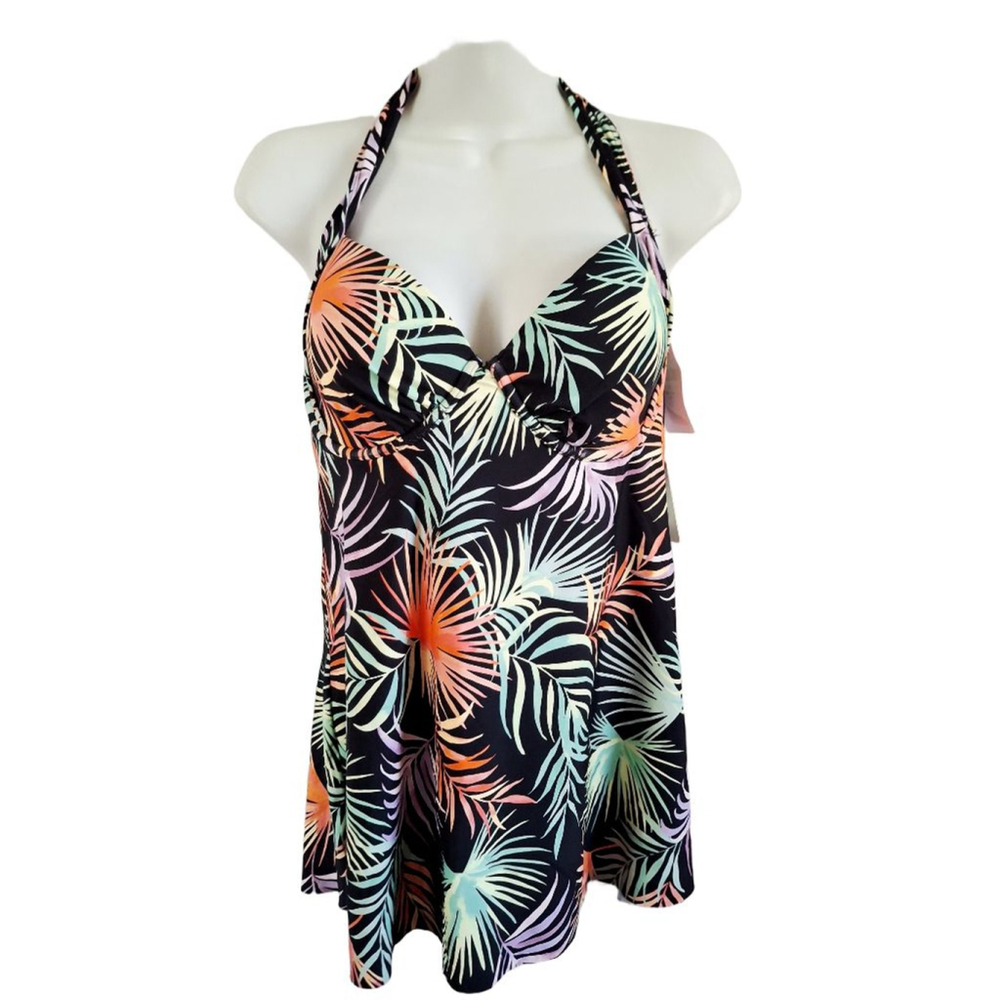 Leilani Black nwt Palm Hawaiian aloha Halter One Piece Swimsuit Size 12